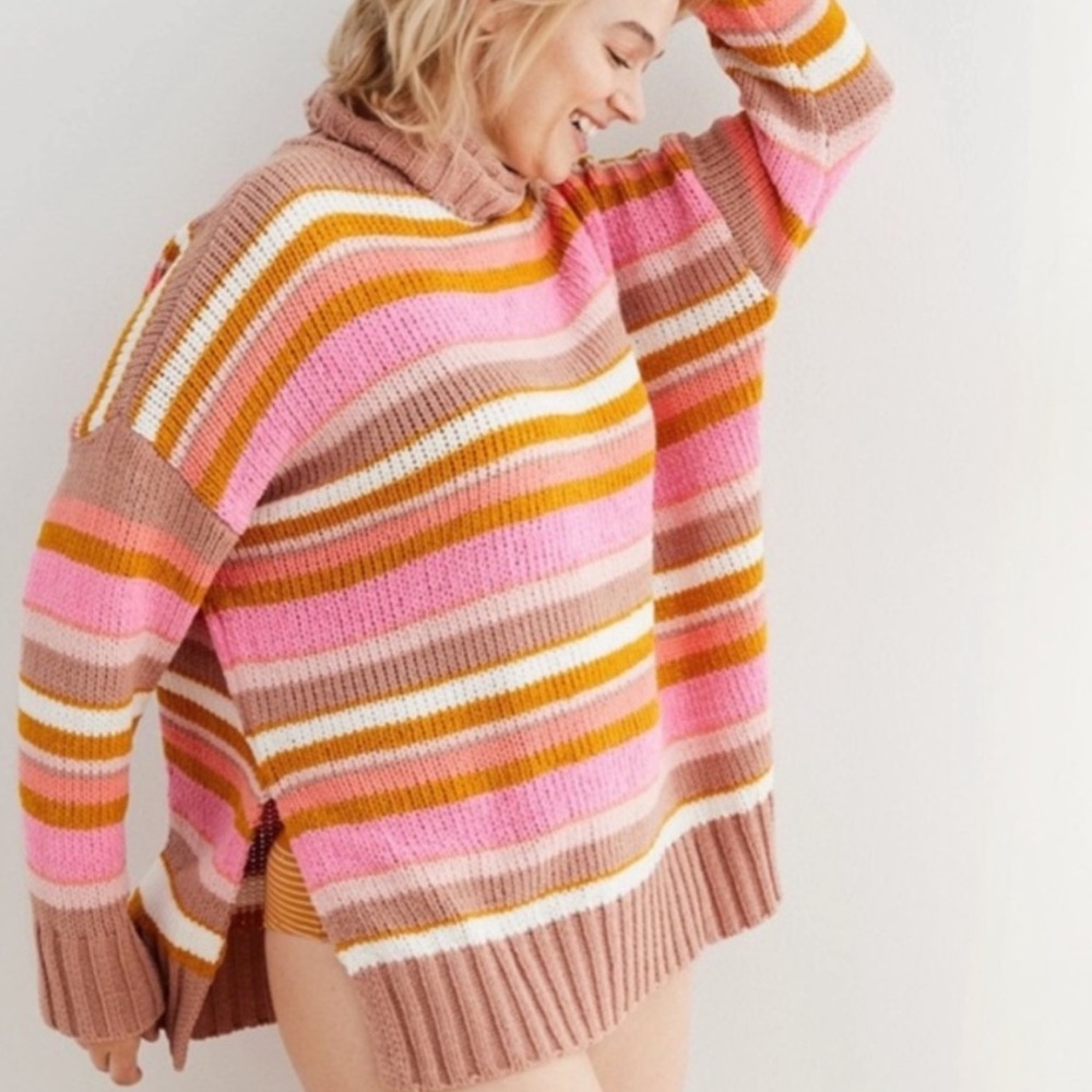Aerie Striped Turtleneck Chenille Sweater
